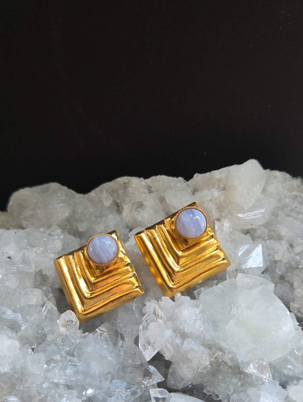 MEL New York 24K Gold Plated Chalcedony Statement Stud Earrings | Handmade